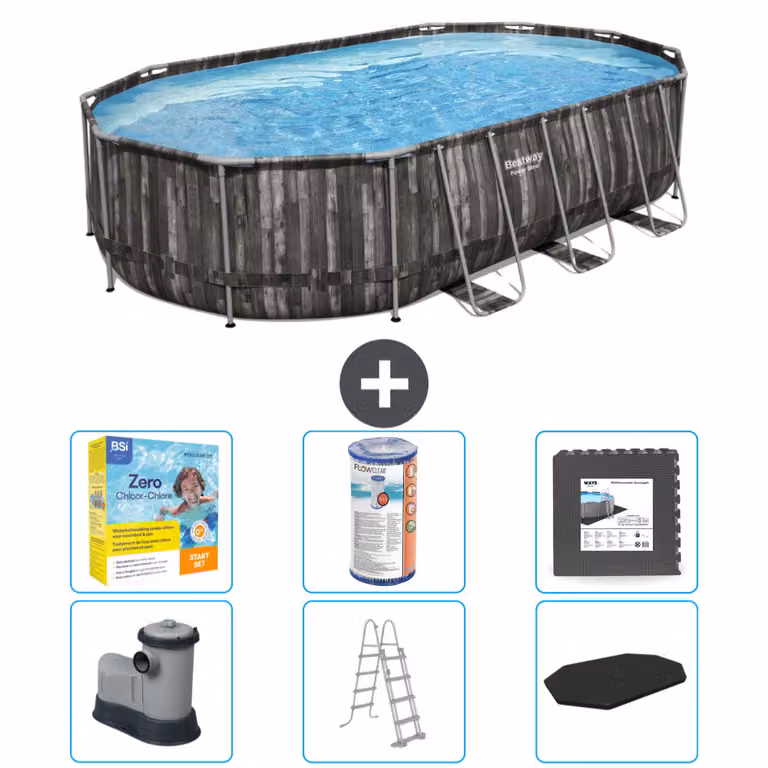 Piscina Bestway Oval Power Steel - 610 x 366 x 122 - Grigio - compresa pompa - scala - pacchetto di manutenzione della copertura - filtro - piastrelle del pavimento