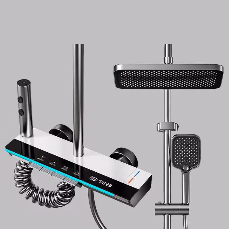 Set doccia con indicatore di temperatura - Sistema doccia da parete - Miscelatore a 4 vie - Altezza regolabile - Soffione quadrato - Acciaio inossidabile - Bianco
