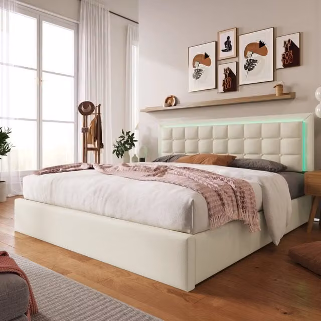 Letto contenitore 180x200 cm con LED e struttura in PU bianco