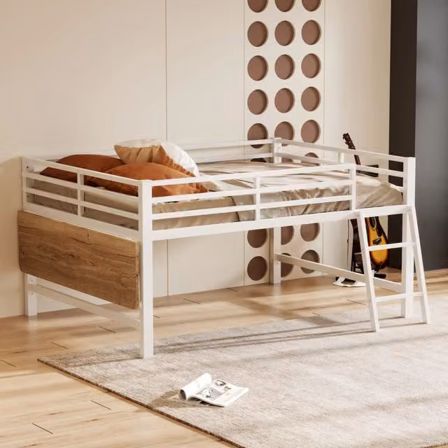 Letto a soppalco 140x200 cm con scrivania pieghevole e LED; in metallo bianco