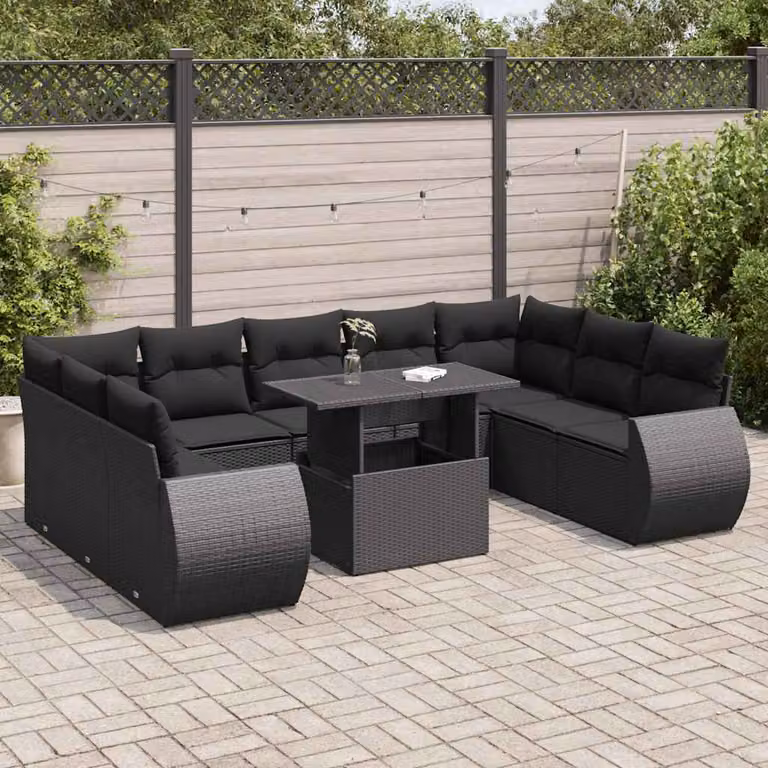 Set di divani da giardino vidaXL in polyrattan nero con cuscini e tavolino da esterno a forma di L