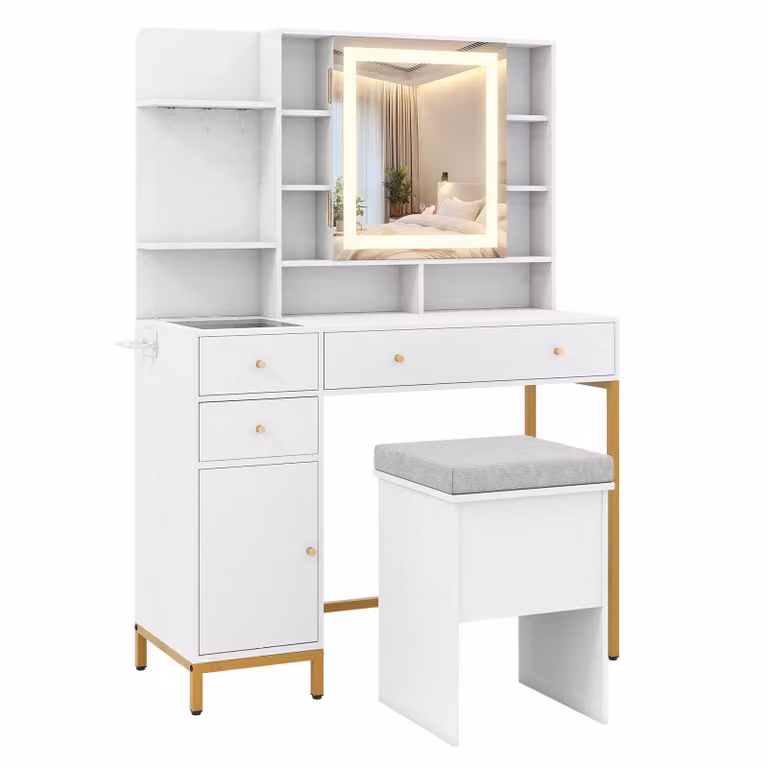 Tavolino da toilette COSTWAY con specchio LED e luci a 3 colori, tavolino da toilette con sgabello, stazione di ricarica, cassetti e ripiani aperti, tavolino cosmetico bianco