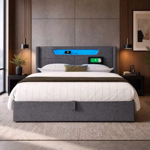 Letto contenitore LED 160x200 cm in lino grigio con USB Type-C, senza materasso –