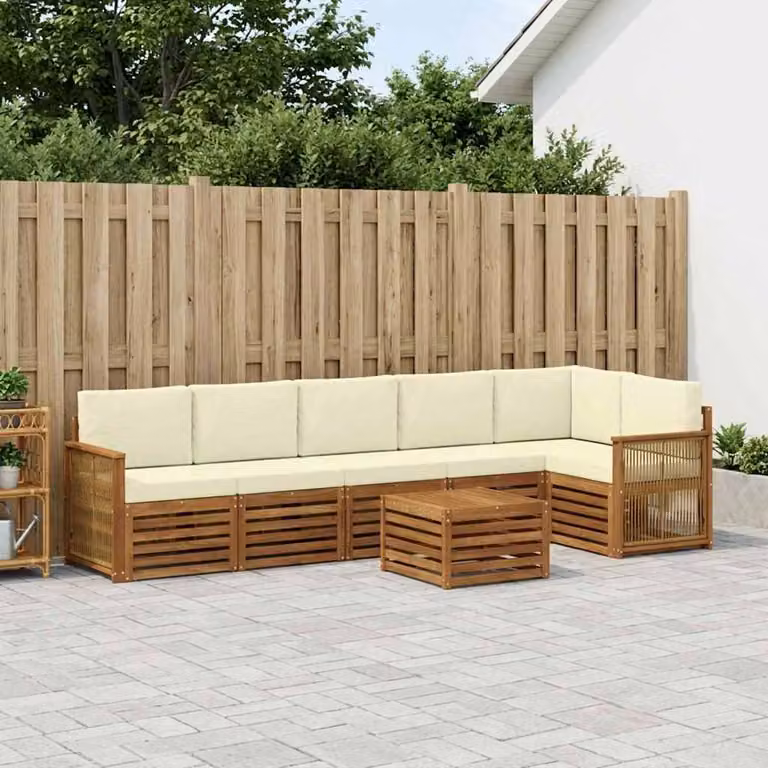 Set di divani da esterno vidaXL 6 pezzi in legno di acacia con cuscini, colore beige e bianco