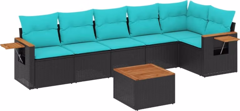 Set Divani da Giardino 7 pz con Cuscini Nero in Polyrattan