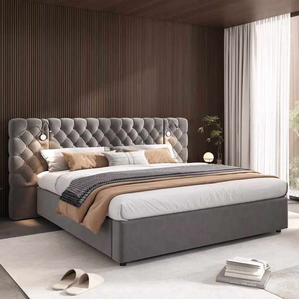 Letto contenitore Mivray con sollevamento idraulico, testiera imbottita in velluto grigio e luce da lettura integrata, L/P: 160 x 200 cm – 2