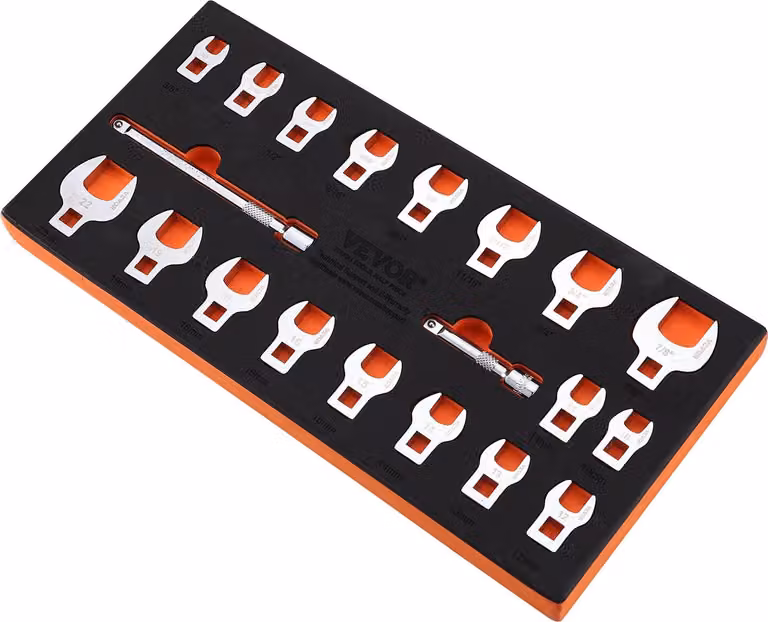 Set di chiavi a piede di porco, azionamento da 3/8 di pollice, set di chiavi a piede di porco da 20 pezzi con 2 barre di prolunga e organizer in EVA, SAE 3/8-7/8 di pollice e metrico 10-22 mm, materiale 40CR