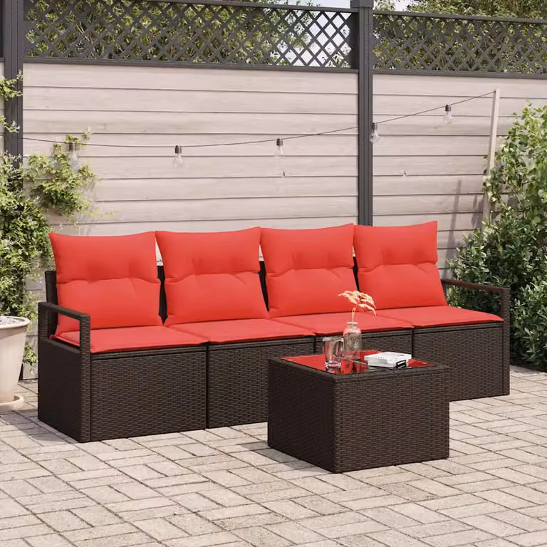 Set di divani da giardino vidaXL in rattan con cuscini beige e rosso e tavolino in vetro