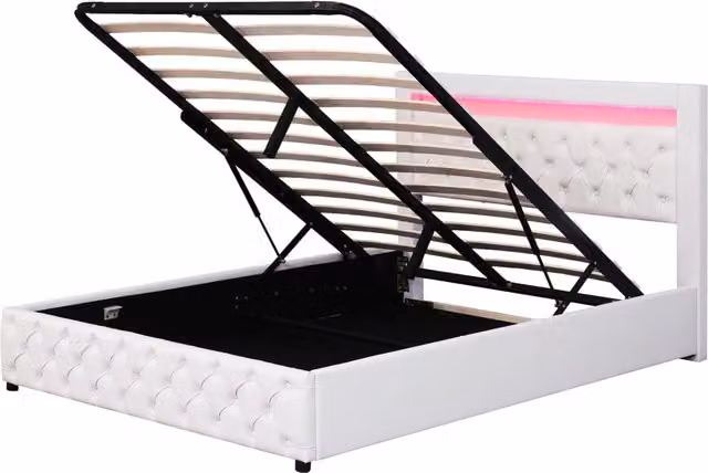 Letto imbottito 160x200 cm con contenitore, rete a doghe e illuminazione LED, rivestimento in PU bianco