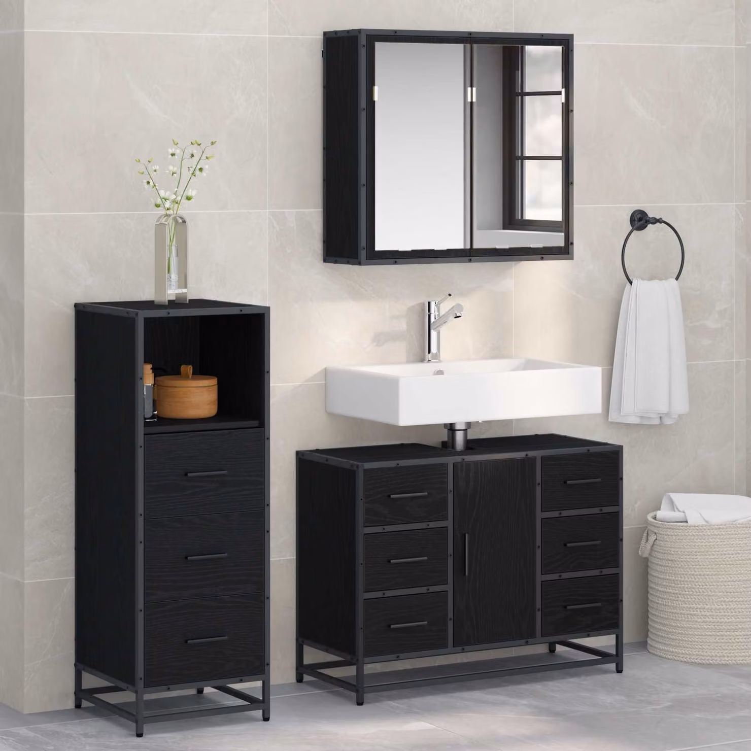 Set di mobili per il bagno vidaXL 3 pezzi in rovere e nero con armadietto a specchio, mobile lavabo e mobile laterale L/P/H: 80 x 33 x 60 cm – 1
