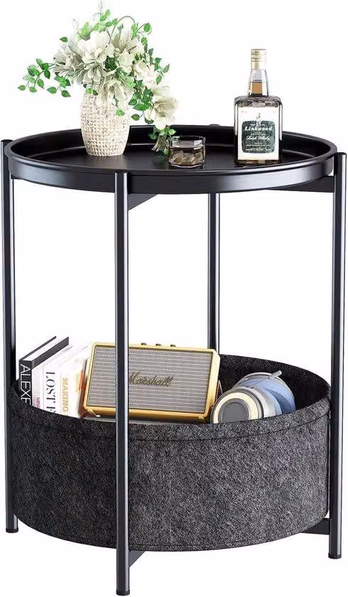 Ibenzoa® Tavolino laterale rotondo, 44,5 x 44,5 x 52 cm, struttura in metallo nero con vassoio in metallo removibile e cesto in tessuto, 2 ripiani, adatto per interni ed esterni, piedini regolabili