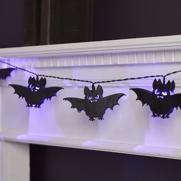 Catena luminosa a forma di pipistrello, 10 LED viola, timer, 1,8 metri, ideale per Halloween