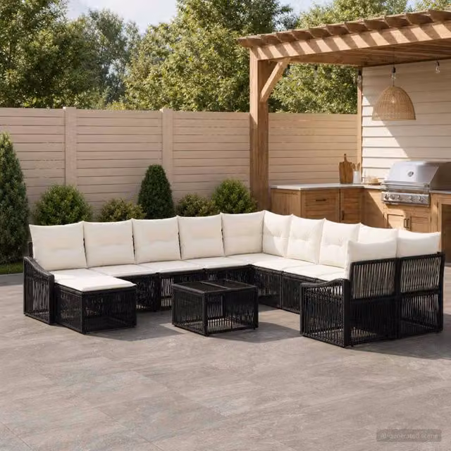 Set Divano da Giardino vidaXL a Forma a U in Polyrattan Nero e Beige con Cuscini e Tavolino – 1