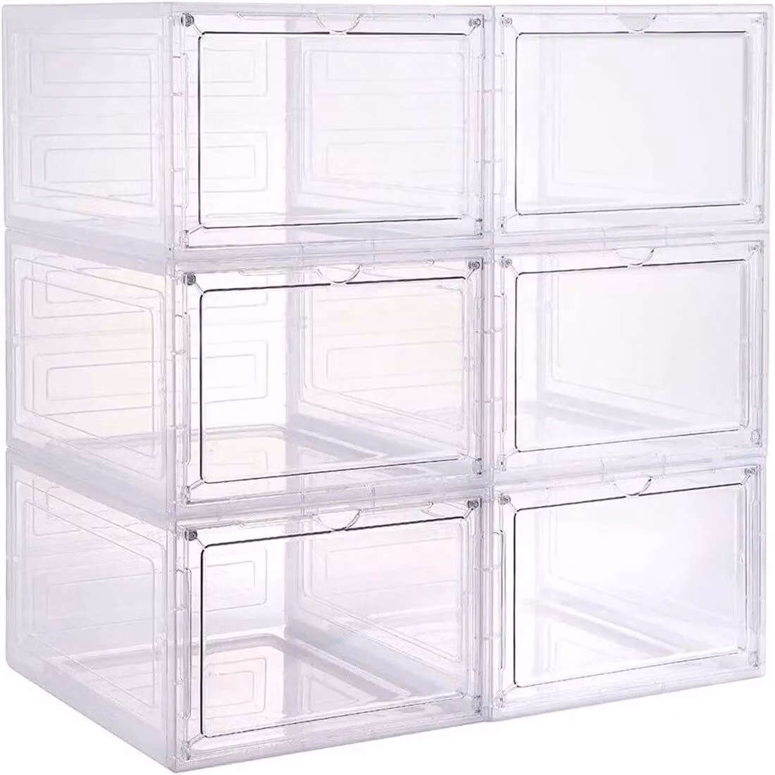 Contenitori per scarpe - Scatole impilabili per scarpe - Confezione da 6 - Acrilico trasparente - Struttura in plastica - Porta in legno - Design salvaspazio