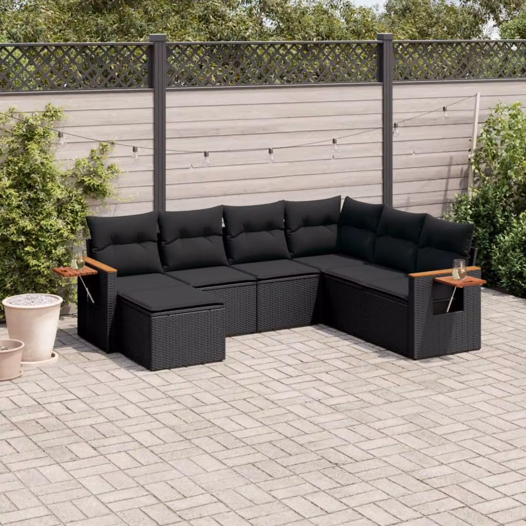 vidaXL Set Divano da Giardino a L con 7 Cuscini in Polyrattan Nero e Legno di Acacia – 1