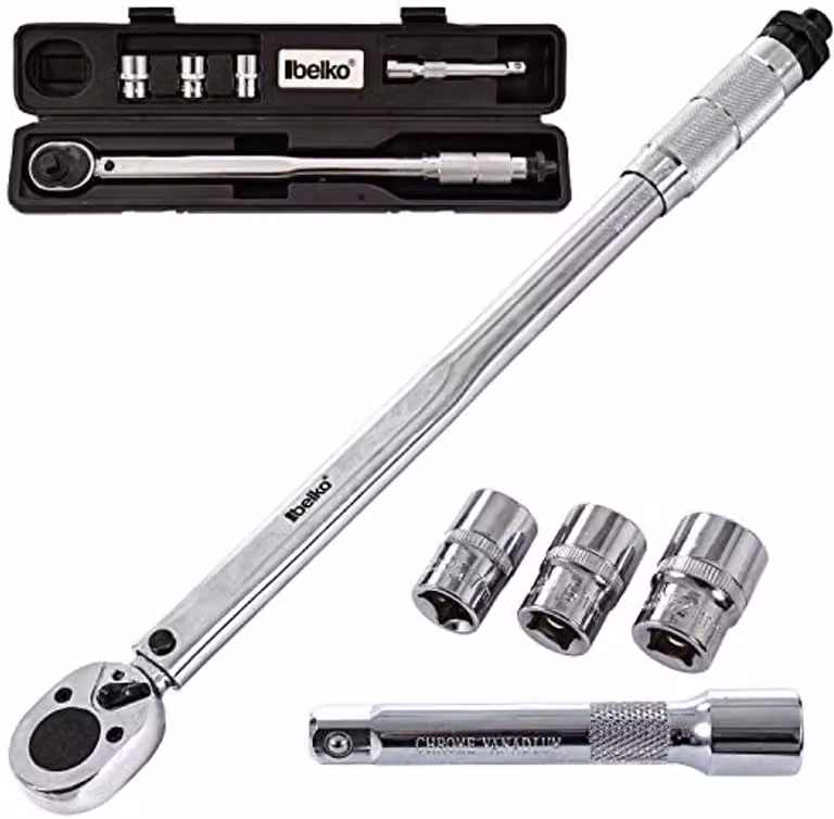 Set di chiavi dinamometriche a cricchetto, 6 pezzi, da 28 a 210 Nm, attacco 1/2", completo di chiavi a bussola e prolunga