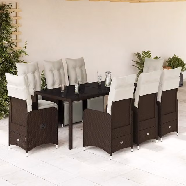 Set Bistrò da Giardino vidaXL 9 pz in Polyrattan Marrone e Bianco con Tavolo in Vetro – 1