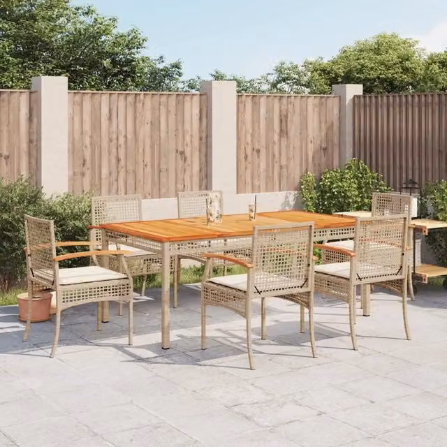 Set da pranzo da giardino vidaXL in legno di acacia e polyrattan con 7 pezzi e cuscini beige e bianchi