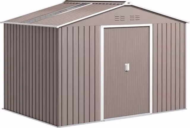 Casetta da giardino Outsunny in metallo con porte scorrevoli e finestre, Capanno per attrezzi Grigio chiaro, L: 277 cm, P: 195 cm, H: 192 cm