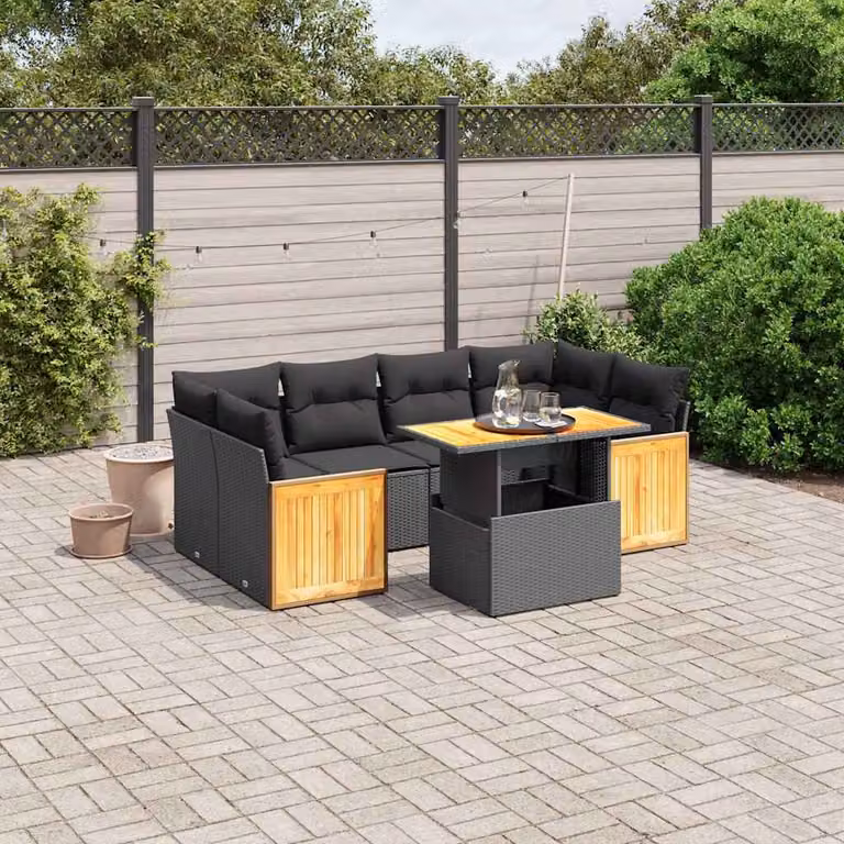 Set Divani da Giardino vidaXL a Forma di L con Cuscini e Tavolino, 7 Pezzi in Polyrattan Nero e Legno di Acacia