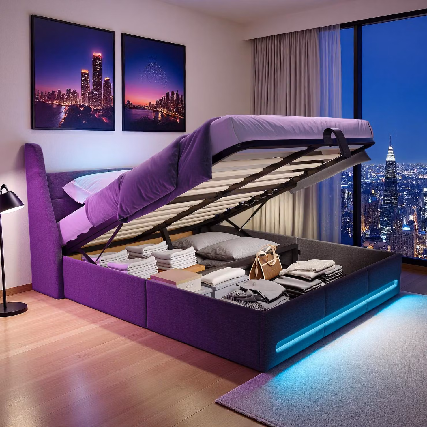 Letto imbottito INONEFT 160x200 con illuminazione a LED, letto a molle con cassone contenitore ad apertura idraulica, letto per ragazzi con spazio contenitivo nella testiera, tessuto in lino, colore grigio