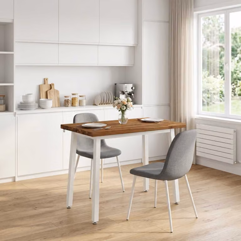 Tavolo da pranzo moderno vidaXL in legno di acacia massello e metallo, L/P/H: 110 x 55 x 75 cm, Bianco e Naturale