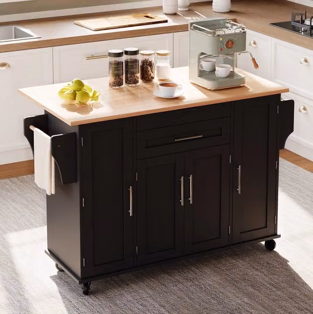 Isola da cucina ULEVR 136x70x92 cm con piano estensibile, 5 ruote, cassetti e ripiani regolabili, nero e naturale