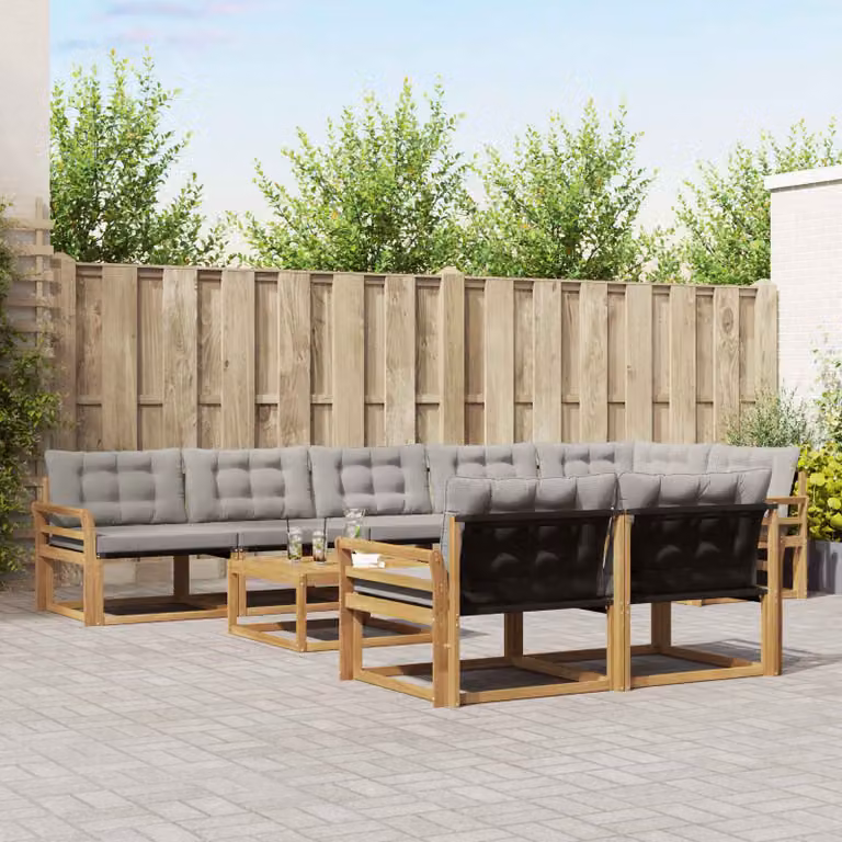 Set di divani da esterno moderno vidaXL in legno di acacia, 9 pezzi, Bianco, Grigio e Marrone