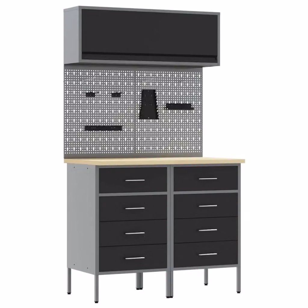Set di mobili da lavoro vidaXL in acciaio e legno con scaffale e cassetti, 5 pezzi, Nero – 2
