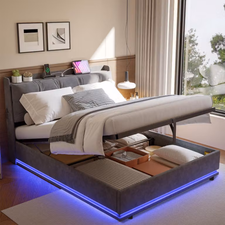 Letto imbottito UnboxG, 160x200 cm, grigio, in velluto, con cassettone idraulico, letto contenitore con porta USB e Type-C, illuminazione LED RGB con telecomando, rete a doghe