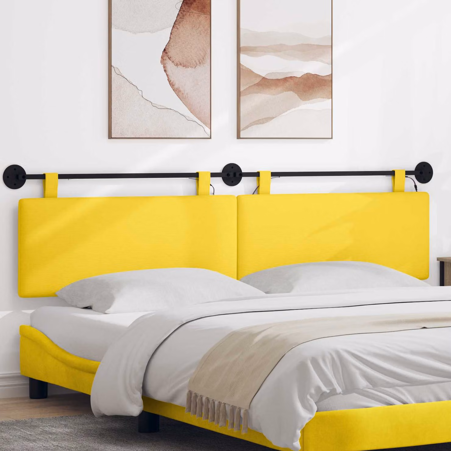 Testiera sospesa vidaXL in tessuto cord giallo con illuminazione integrata e pannello imbottito
