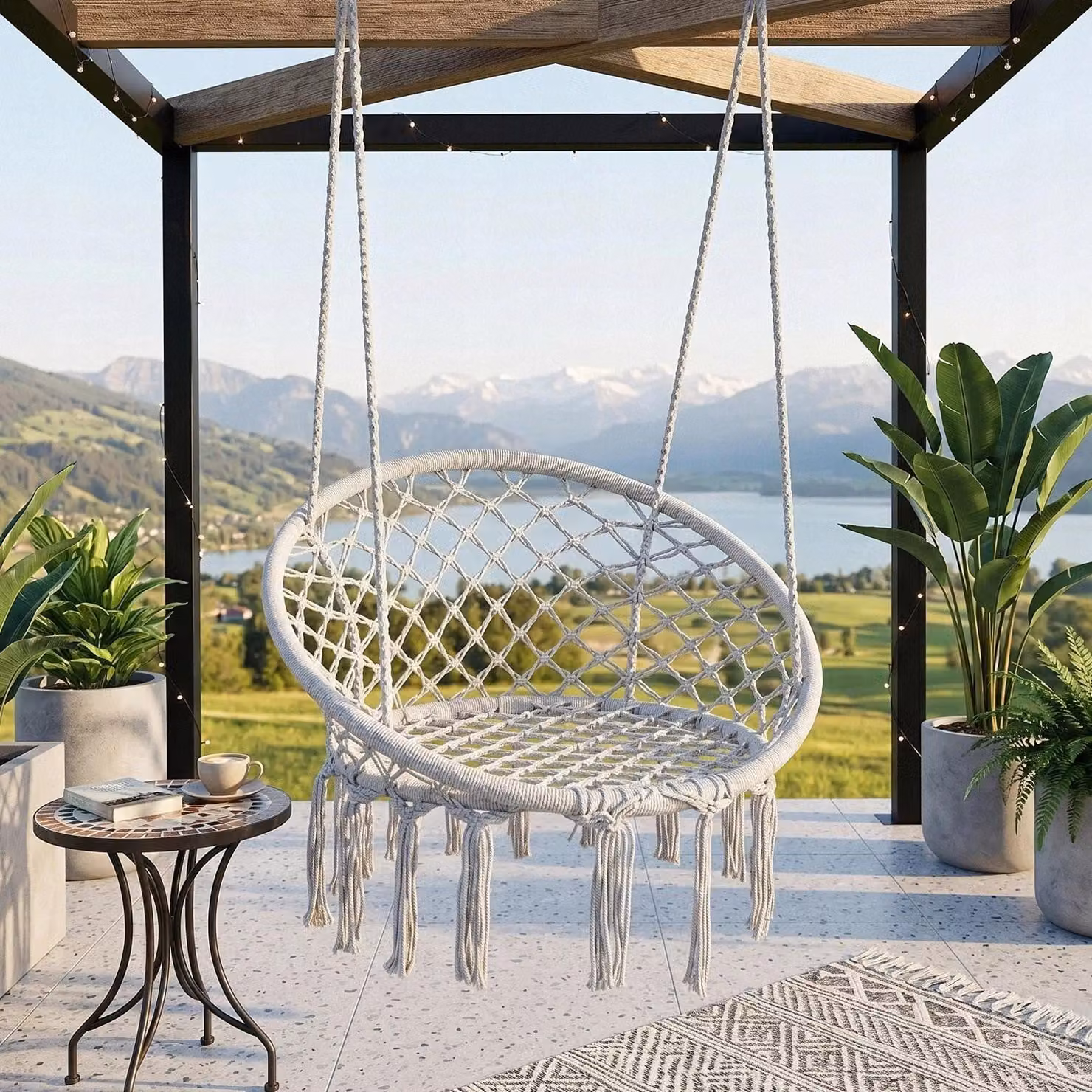 Sedia a dondolo sospesa - Amaca bohémien - Design rotondo - Intrecciata - Cuscino confortevole - Sospensione con corda - Bianco