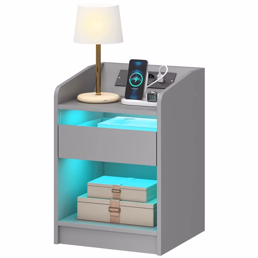 Comodino Xylo grigio con illuminazione LED RGB e ricarica USB-C L/P/H: 40 x 40 x 58 cm – 2