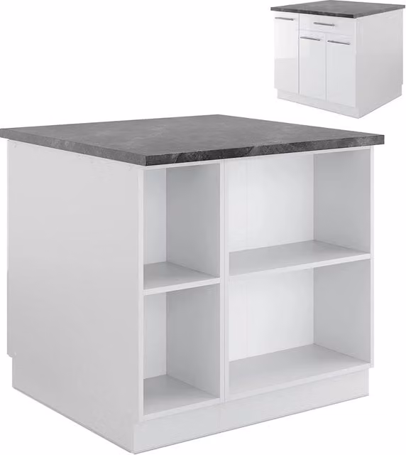 Isola cucina Fame-Line Bianco lucido/Bianco 90 cm con cassetto, senza piano di lavoro Vicco
