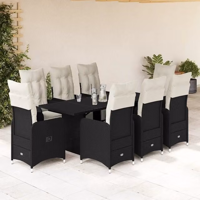 Set Bistrò da Giardino vidaXL 9 pz in Polyrattan Nero con Piano in Vetro e Cuscini – 1