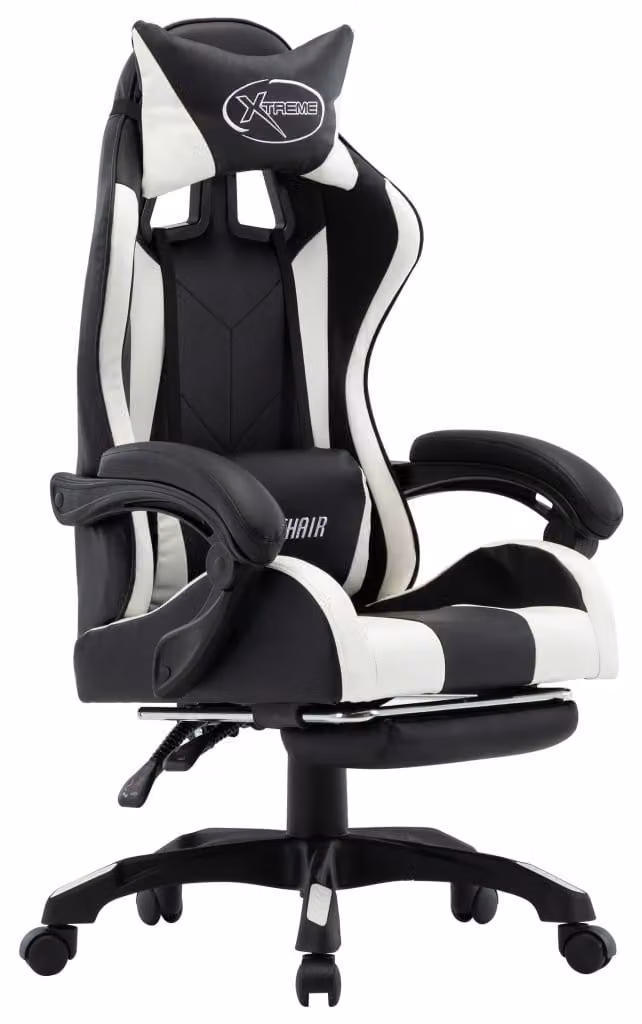 Sedia da gaming – Sedia per videogiochi – Sedia da corsa – Schienale regolabile – Poggiapiedi pieghevoli – Bianco/Nero