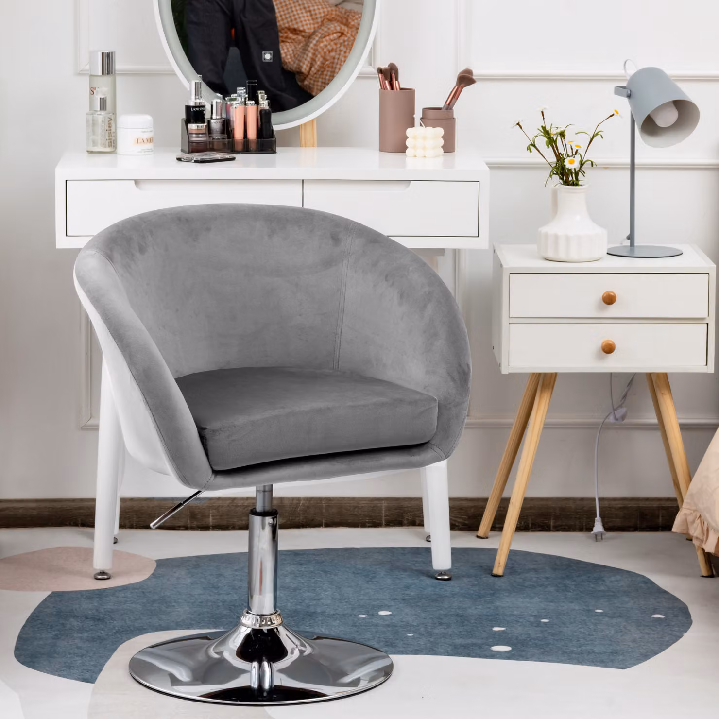 Sedia d'accento COSTWAY regolabile in altezza, sedia imbottita girevole a 360°, sedia da pranzo fino a 120 kg, sedia girevole in velluto (grigio)
