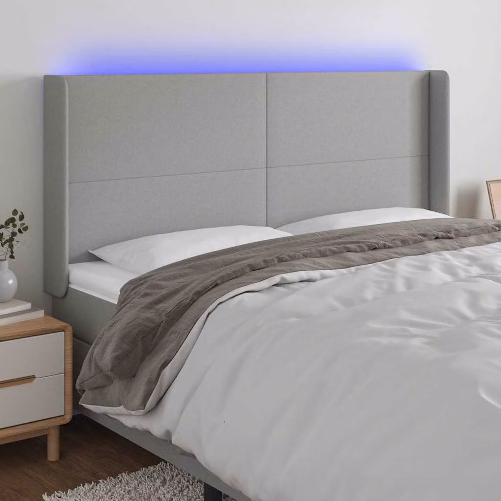 Testiera per letto vidaXL con illuminazione LED e porta USB, rivestimento in tessuto grigio chiaro, L: 163 cm, P: 16 cm, H: 118/128 cm