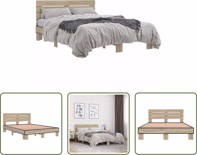 The Living Store Struttura per letto in rovere Sonoma 140x200 cm Materiale a base di legno e metallo