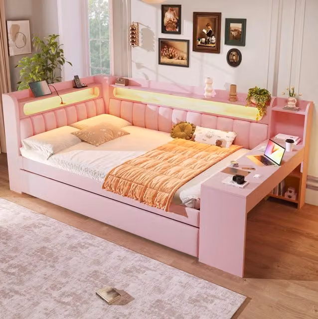 Letto imbottito 140x200 cm con LED; USB; letto estraibile e scrivania in lino rosa