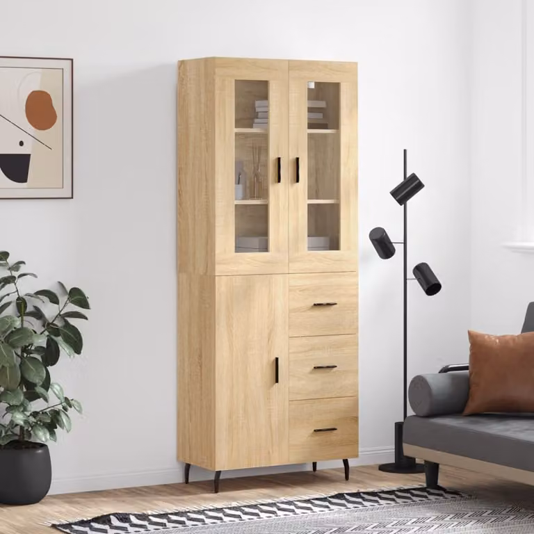 Credenza moderna vidaXL in legno e vetro color rovere, L: 69,5 cm, P: 34 cm, H: 180 cm