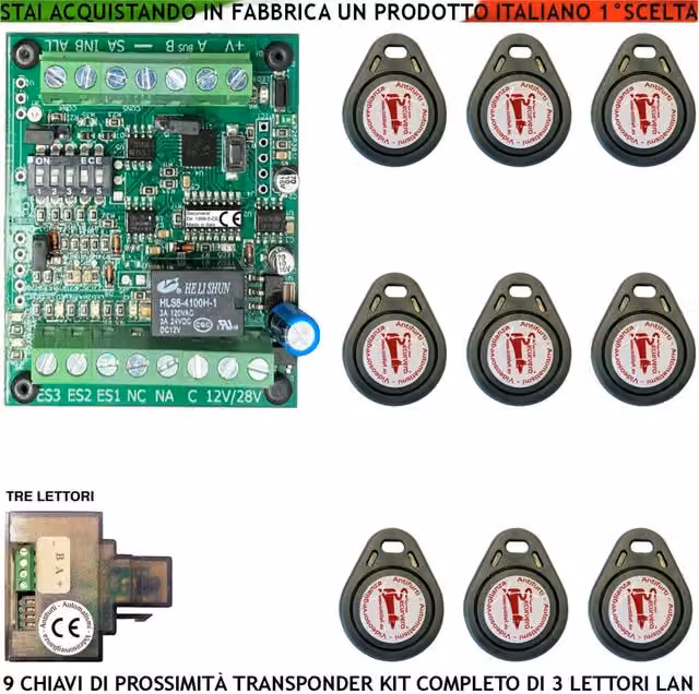 Chiave di Prossimità Securvera con 3 Lettori su Modulo LAN Universale RJ45, Alimentazione 12/24 V, Relè di Scambio 2 A 24 V e Segnale di Stato a 4 LED Multicolore