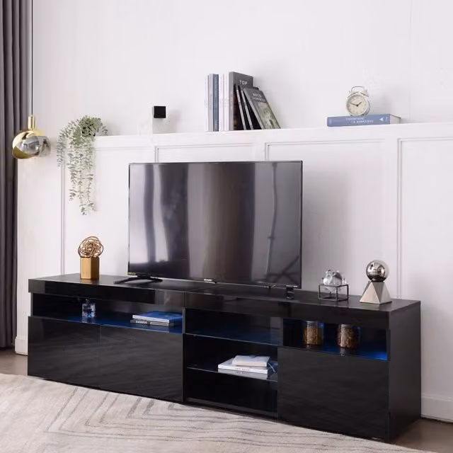 Mobile TV con 3 ante, illuminazione LED variabile e pannelli lucidi in vetro, per soggiorno, MDF nero, 180 × 35 × 48 cm