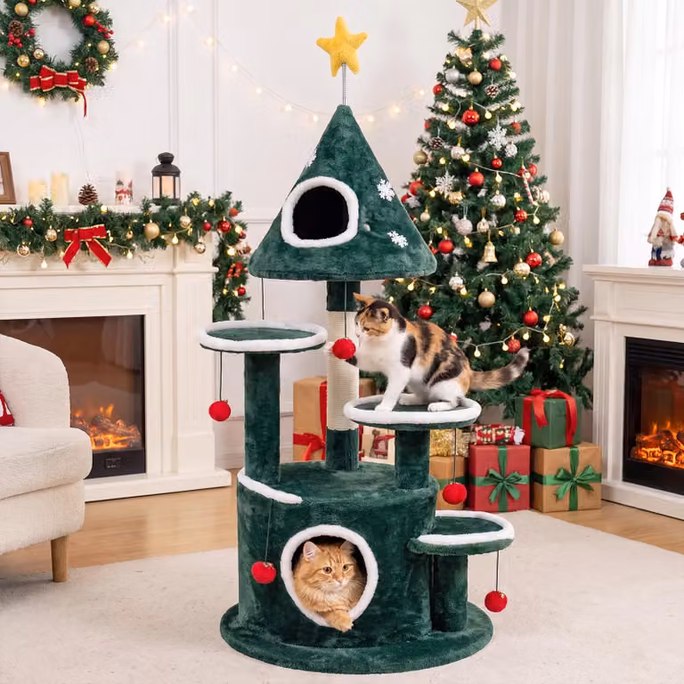 Albero per gatti COSTWAY, 127 cm, ideale per Natale, con stella e fiocchi di neve, 2 rifugi, 3 piattaforme, palo rivestito in sisal, 6 palline giocattolo. Albero per gatti