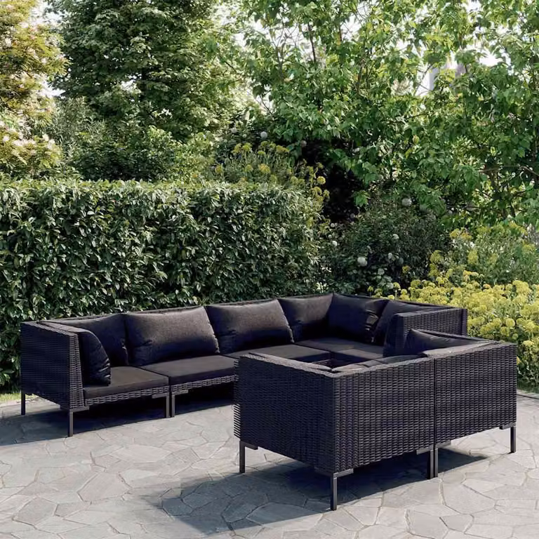 Set di divani da giardino vidaXL a forma di L composto da 7 pezzi con cuscini in schiuma e rivestimenti rimovibili, struttura in metallo e rattan color antracite