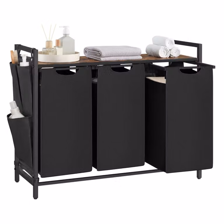 Cesto Portabiancheria con Piano Portaoggetti e Sacco Rimovibile, Nero Inchiostro + Marrone Vintage / 3 x 40 L