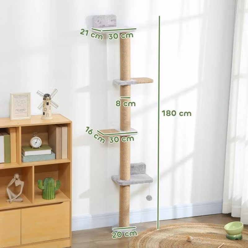 Tiragraffi per gatti, design a 5 livelli, giocattoli, pali in sisal, tessuto peluche, grigio chiaro