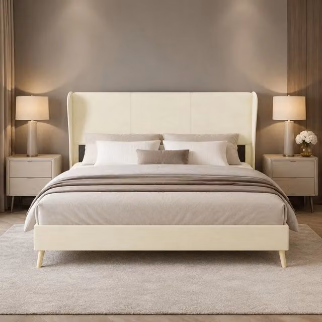 Letto matrimoniale 160x200 cm in tessuto beige con testiera imbottita e struttura in metallo