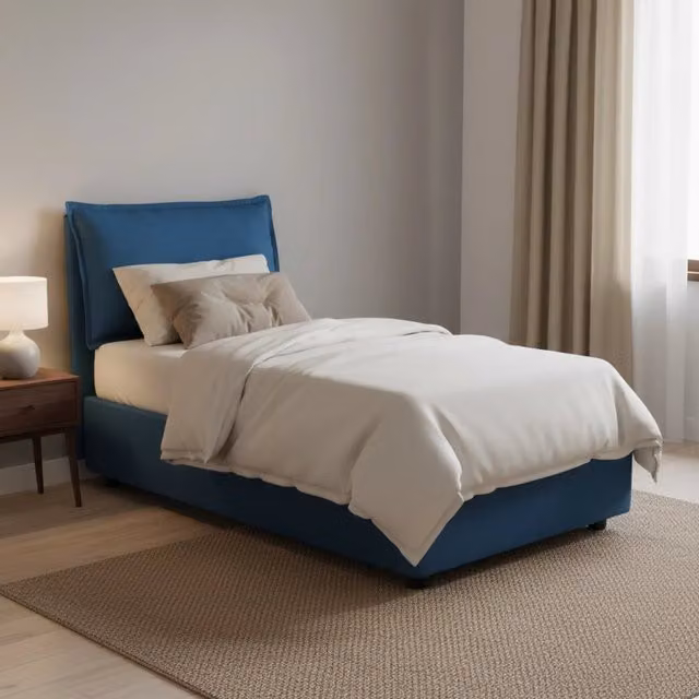 Letto singolo contenitore Arzon Talamo Italia con materasso incluso, rivestimento in tessuto blu, apertura frontale, 90x200 cm