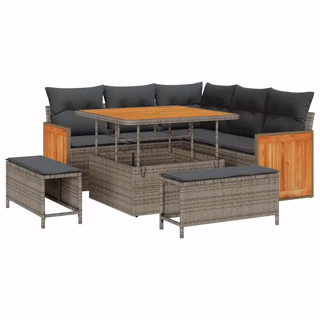 vidaXL Set Divano da Giardino a L con 9 Pezzi in Polyrattan Grigio e Acciaio con Cuscini e Tavolino – 2